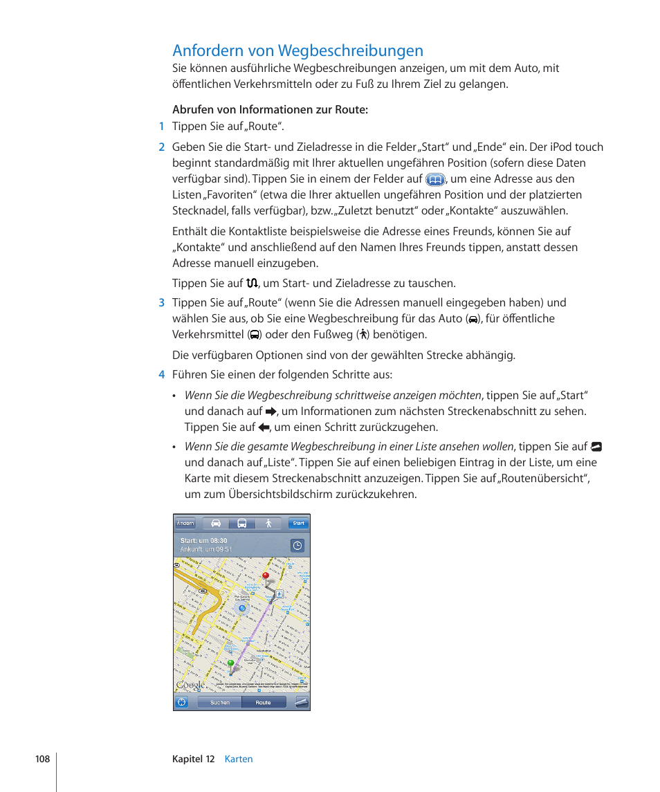 Anfordern von wegbeschreibungen, 108 anfordern von wegbeschreibungen | Apple iPod touch iOS 3.0 Benutzerhandbuch | Seite 108 / 172