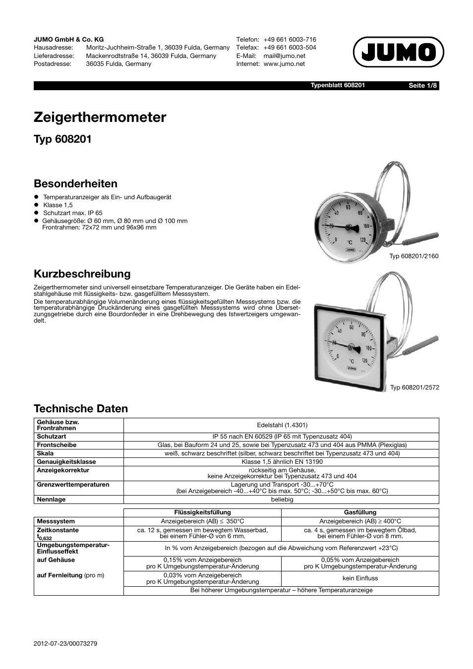 JUMO 60.8201 Dial thermometer Data Sheet Benutzerhandbuch | Seiten: 8