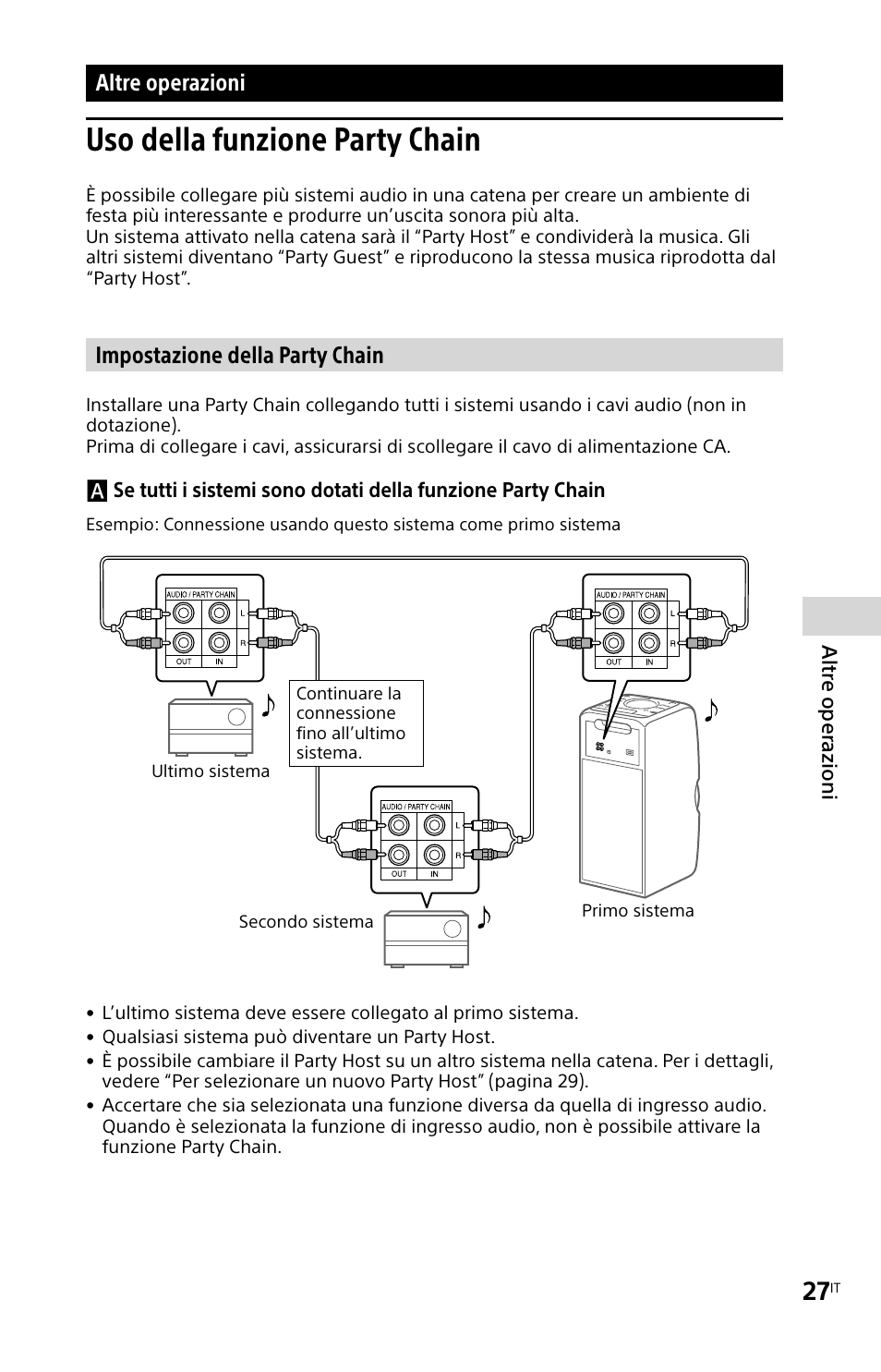 Altre operazioni, Uso della funzione party chain, Uso della funzione | Party chain, Impostazione della party chain | Sony MHC-V11 Benutzerhandbuch | Seite 205 / 263