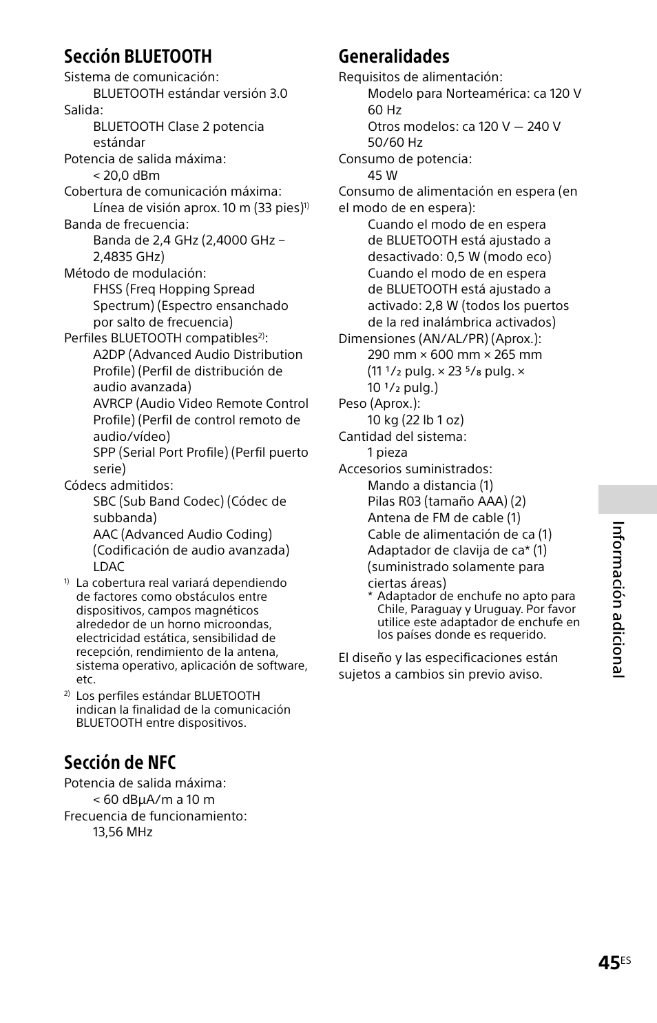 Sección, Sección bluetooth, Sección de nfc | Generalidades, Inf ormación adicional | Sony MHC-V11 Benutzerhandbuch | Seite 89 / 263