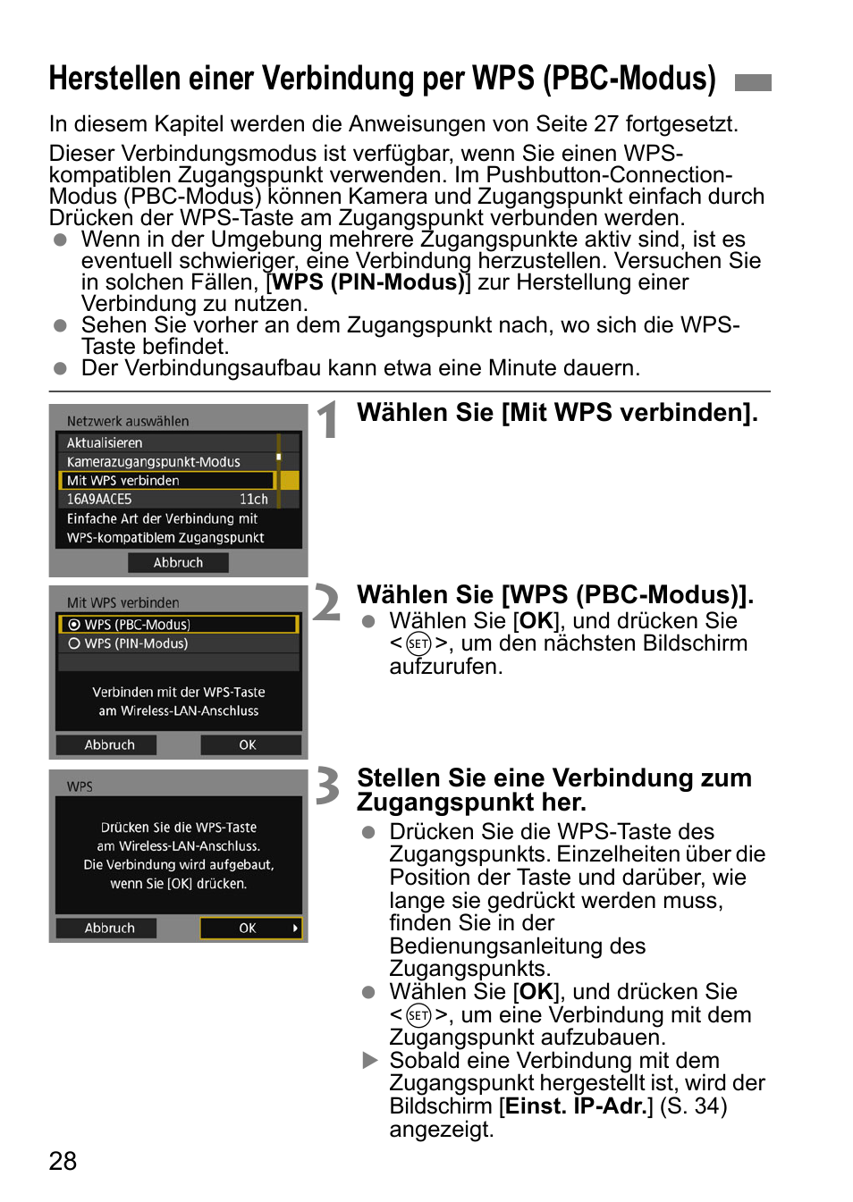 Herstellen einer verbindung per wps (pbc-modus), 28 beschr | Canon EOS 1D X Mark II Benutzerhandbuch | Seite 28 / 152