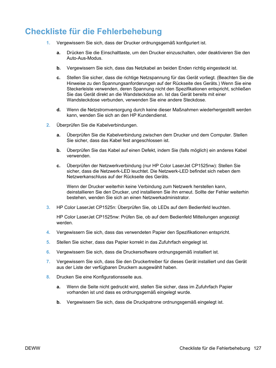 Checkliste für die fehlerbehebung | HP LaserJet Pro CP1525nw Farbdrucker  Benutzerhandbuch | Seite 143 / 228 | Originalmodus