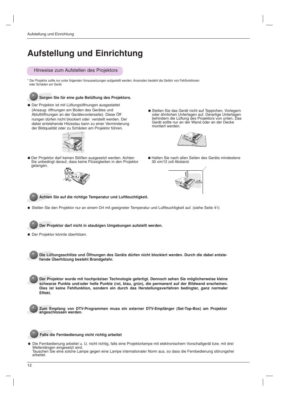 Aufstellung und einrichtung, Hinweise zum aufstellen des projektors | LG BX501B Benutzerhandbuch | Seite 12 / 42