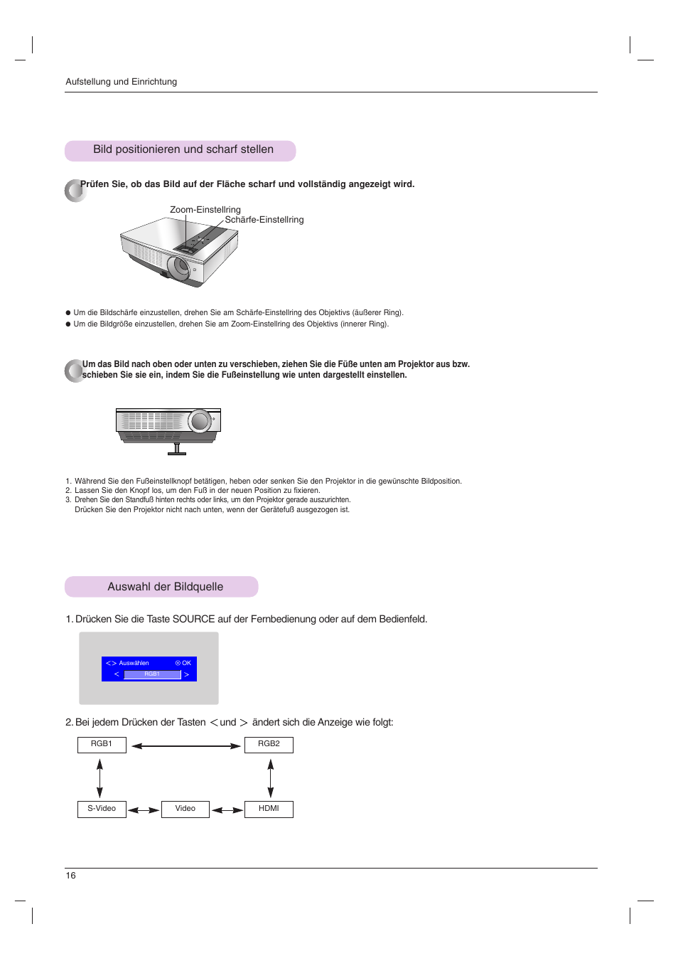 Bild positionieren und scharf stellen, Auswahl der bildquelle | LG BX501B Benutzerhandbuch | Seite 16 / 42