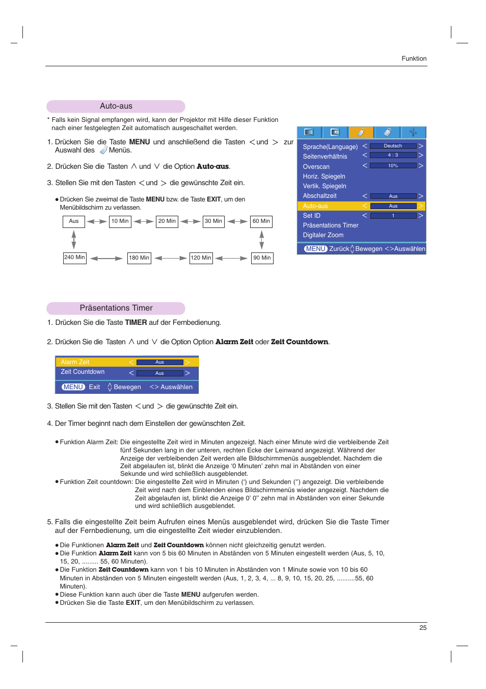 Auto-aus, Präsentations timer, Auto-aus präsentations timer | LG BX501B Benutzerhandbuch | Seite 25 / 42