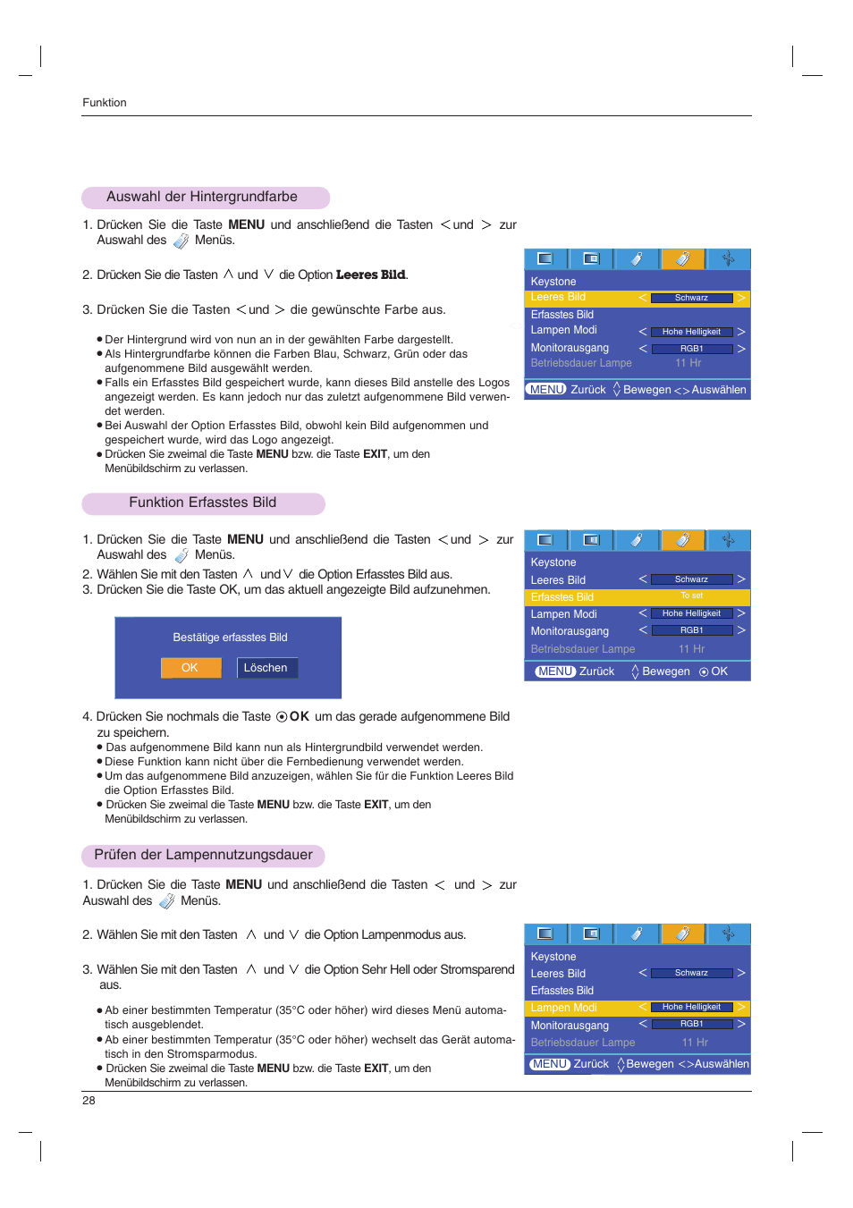 Auswahl der hintergrundfarbe, Funktion erfasstes bild, Prüfen der lampennutzungsdauer | LG BX501B Benutzerhandbuch | Seite 28 / 42