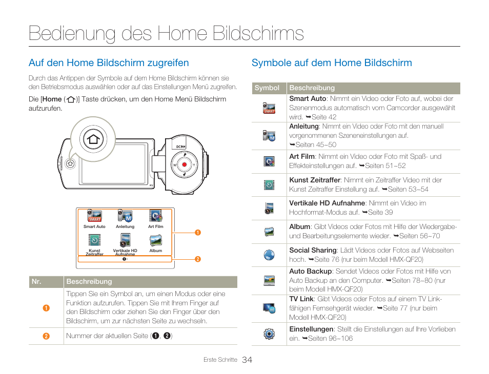 Bedienung des home bildschirms, Auf den home bildschirm zugreifen, Symbole auf dem home bildschirm | Samsung HMX-Q20BP Benutzerhandbuch | Seite 34 / 132