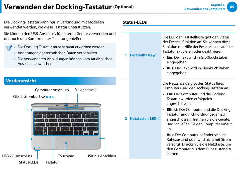 Verwenden der docking-tastatur (optional), Verwenden der docking-tastatur, Vorderansicht | Samsung XE700T1C Benutzerhandbuch | Seite 66 / 152