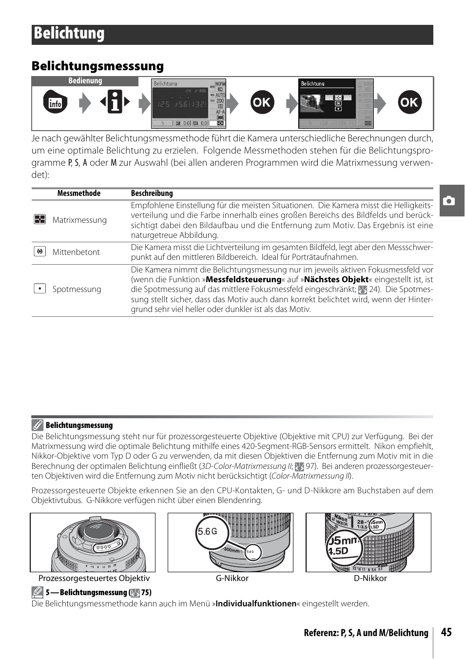 Belichtung, Belichtungsmesssung | Nikon D40 Benutzerhandbuch | Seite 57 / 139