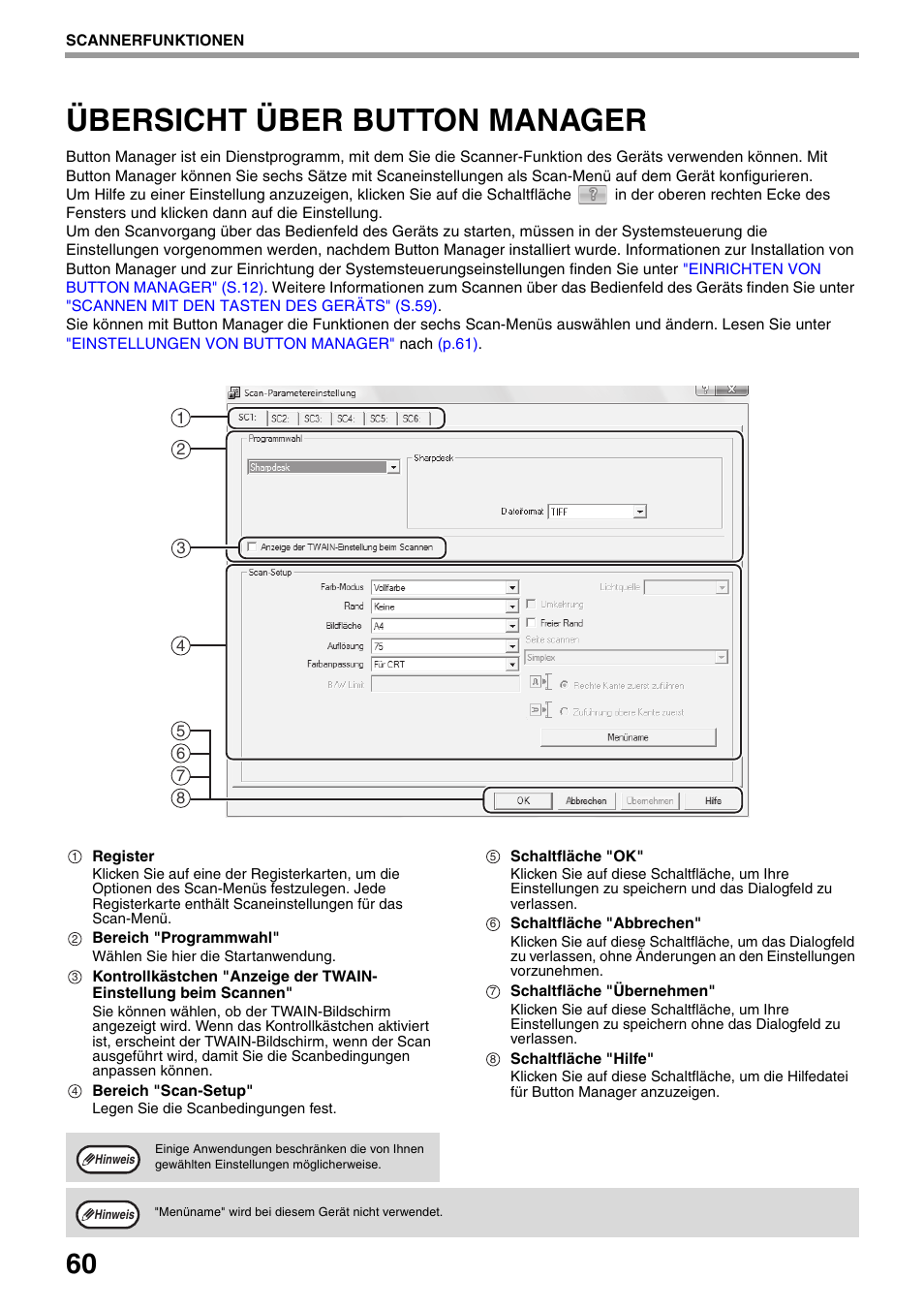 Übersicht über button manager, Übersicht über button, Manager" (s.60) | Sharp AR-5618 Benutzerhandbuch | Seite 62 / 108