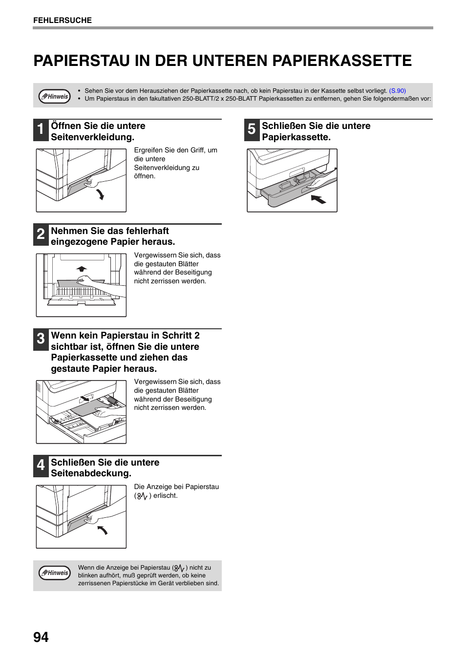 Papierstau in der unteren papierkassette, Papierstau in der unteren, Papierkassette | S.94) | Sharp AR-5618 Benutzerhandbuch | Seite 96 / 108