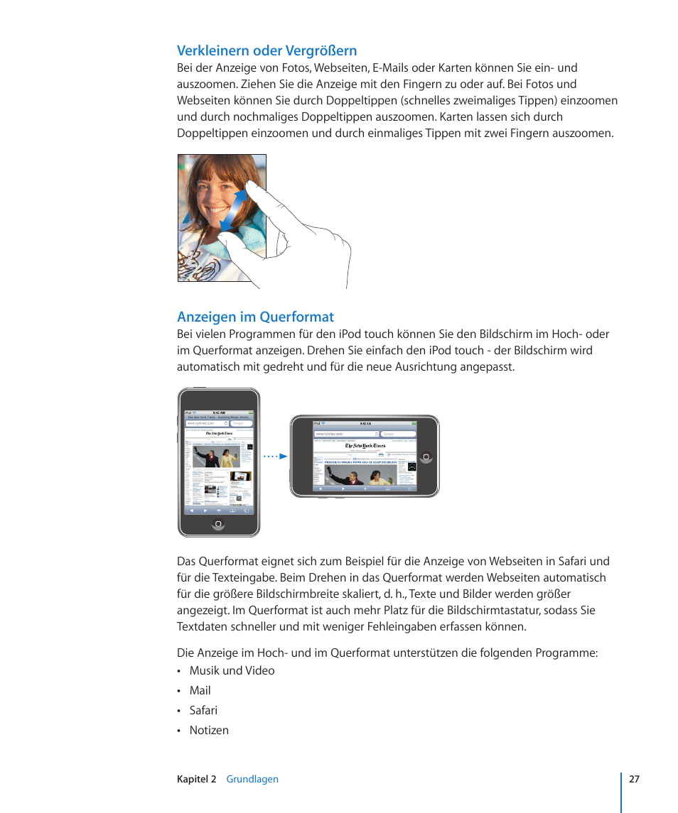Verkleinern oder vergrößern, Anzeigen im querformat | Apple iPod touch iOS 3.0 Benutzerhandbuch | Seite 27 / 172