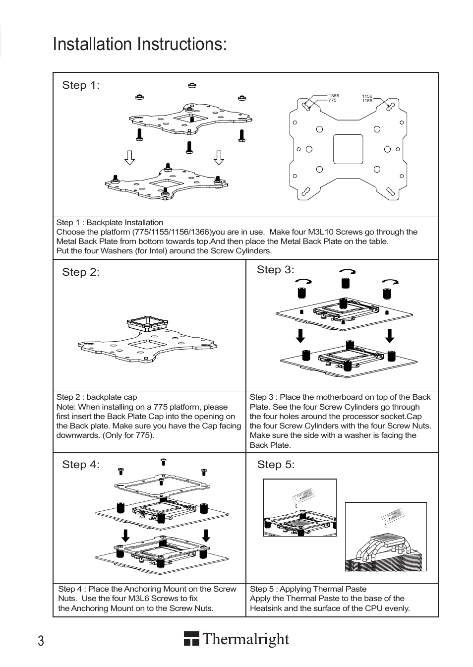 Installation instructions, Step 1: step 2: step 4: step 3, Step 5 | Thermalright TRUE Spirit 120M Benutzerhandbuch | Seite 6 / 32