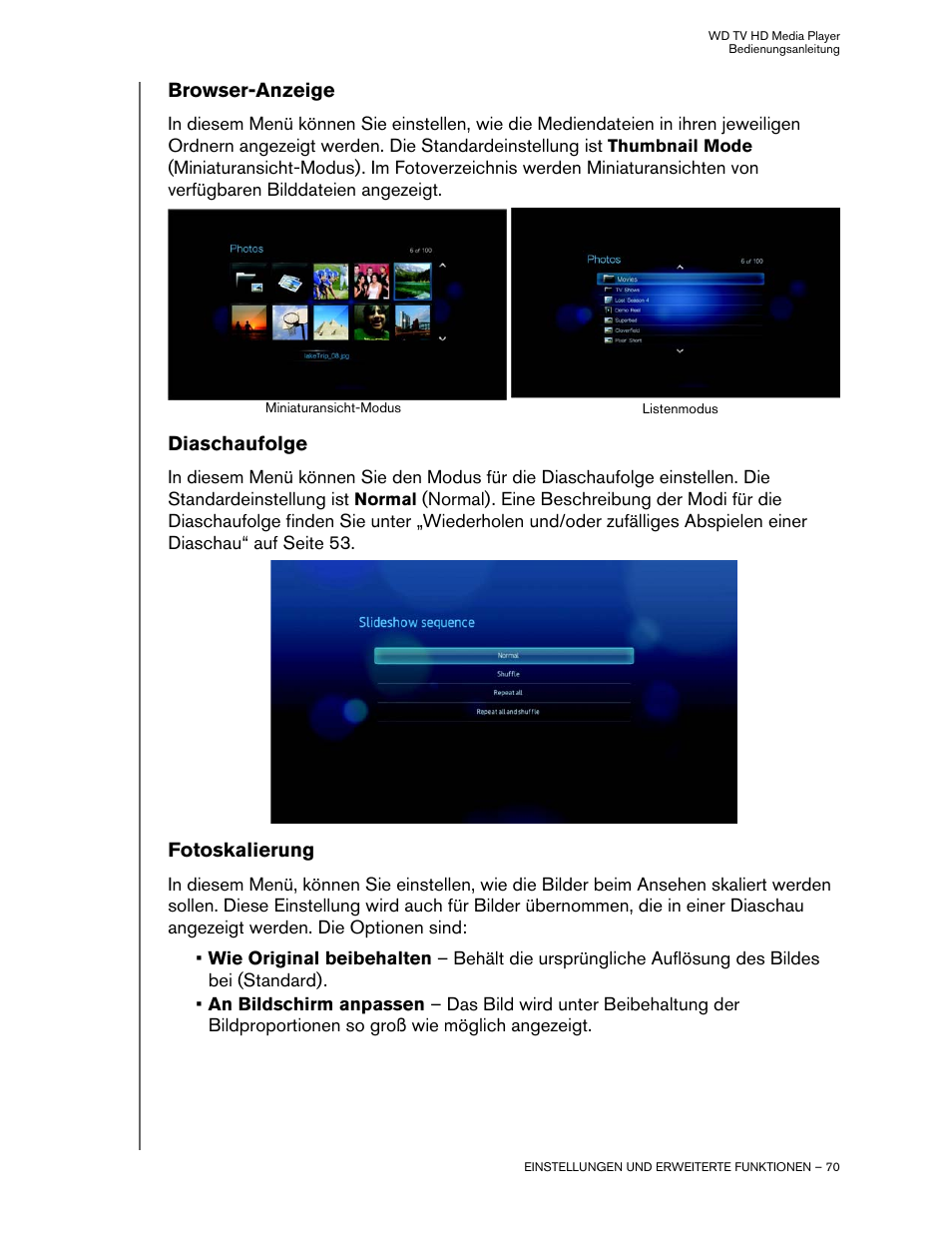 Browser-anzeige, Diaschaufolge, Fotoskalierung | Western Digital WD TV HD Media Player (Gen 2) User Manual Benutzerhandbuch | Seite 73 / 104
