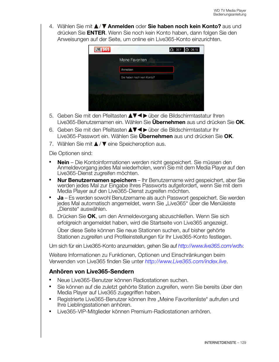 Anhören von live365-sendern | Western Digital WD TV User Manual Benutzerhandbuch | Seite 134 / 255